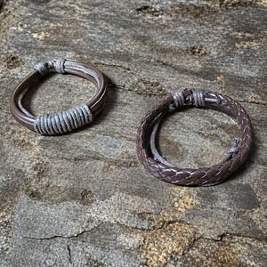 2 Pc Set Brown Leather Braided Hemp Cord Friendship Couples Bracelets New Unisex
